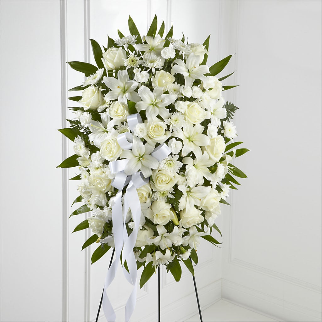 Exquisite Tribute Standing Spray-White Ribbon – B Floral, Coalville UT