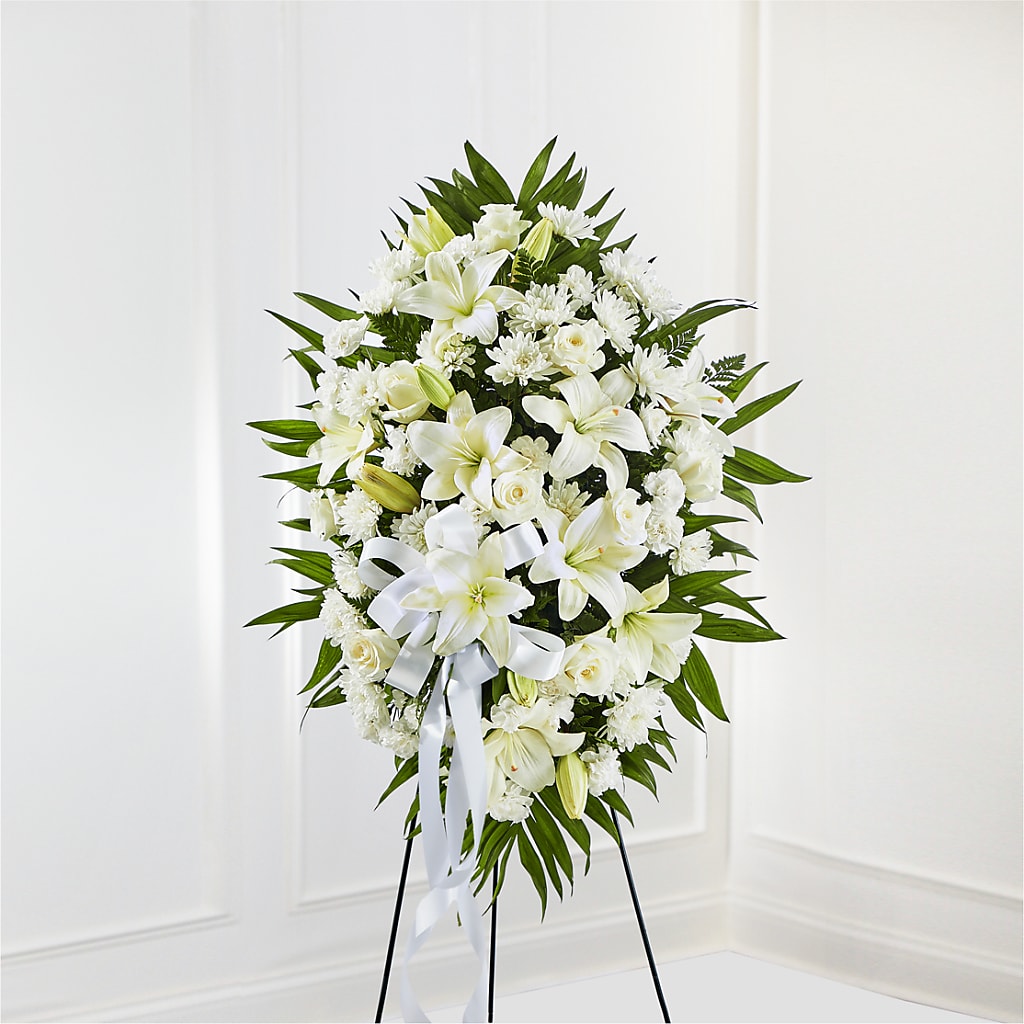 Exquisite Tribute Standing Spray-White Ribbon – B Floral, Coalville UT