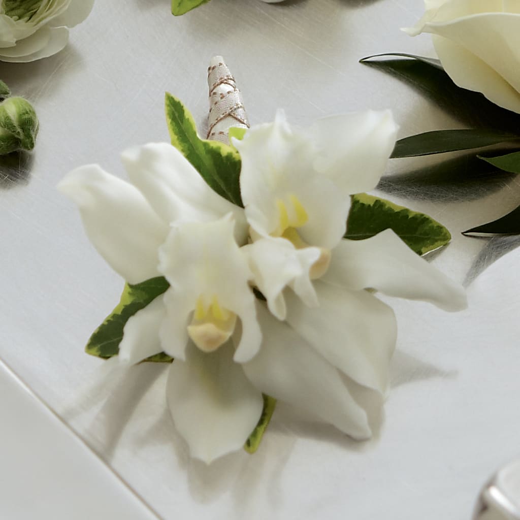 White Mini Cymbidium Boutonniere – B Floral, Coalville UT